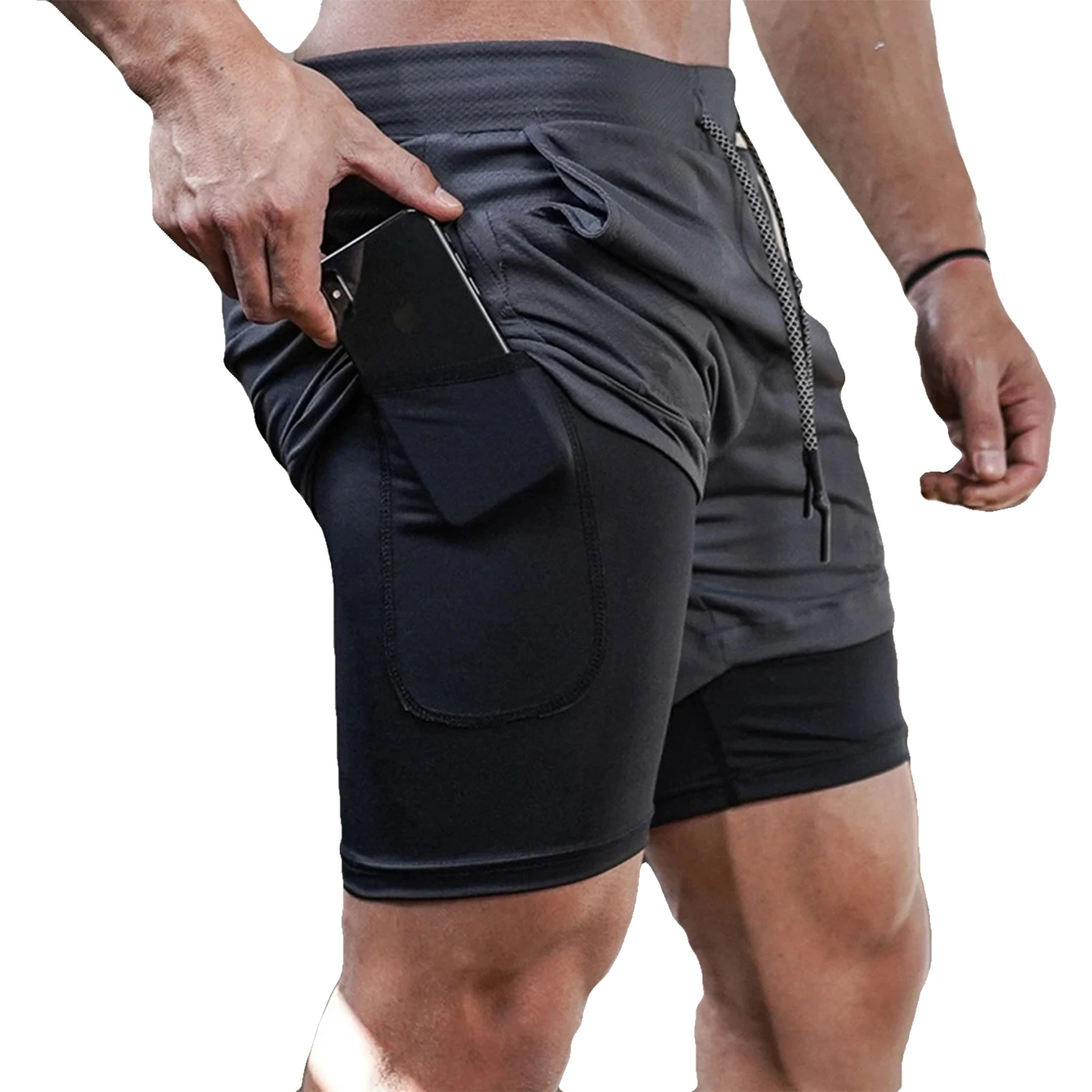 Color: GRAY, Size: XL - Men's Double Layer Fitness Shorts Drawstring Mesh Lining Elastic Waist Breathable Quick Dry to Beach Pool Summer Male
