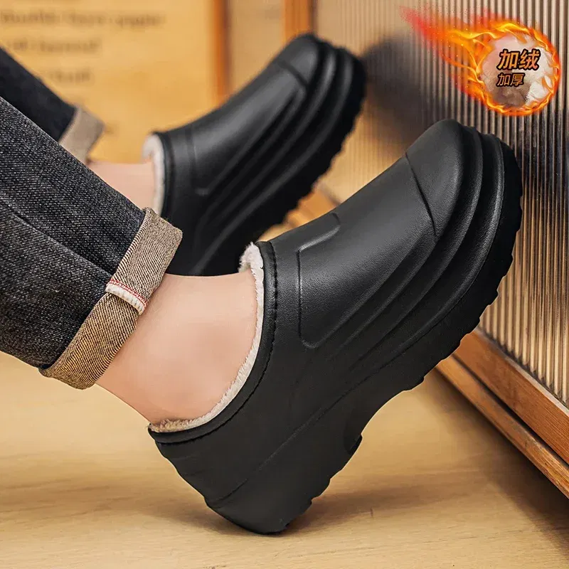 Color: black, Shoe Size: 45 - Eva Men's Chef Slippers Winter Slipper for Men Home Cotton Shoes Water Proof Anti-slip Keep Warm Height-increasing New Arrival