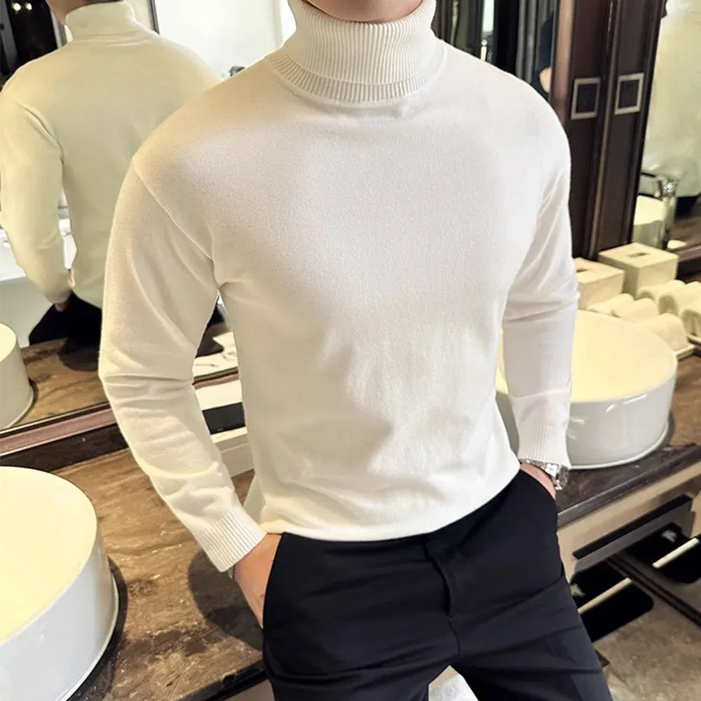 Color: WHITE, Size: 4XL - Korean Fashion Autumn Winter Sweaters Men Pullovers Fleece Turtleneck Knitted Sweatshirt Warm Bottoming Shirts