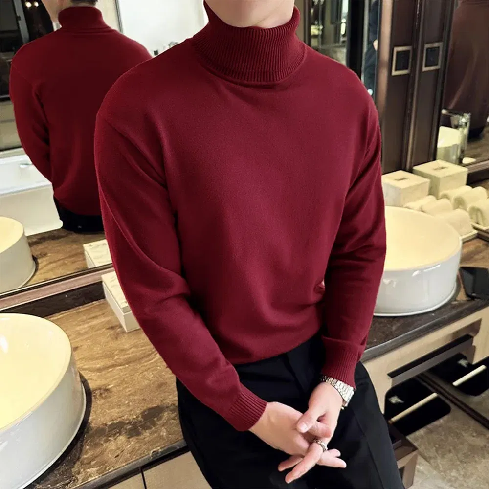 Color: WHITE, Size: 4XL - Korean Fashion Autumn Winter Sweaters Men Pullovers Fleece Turtleneck Knitted Sweatshirt Warm Bottoming Shirts