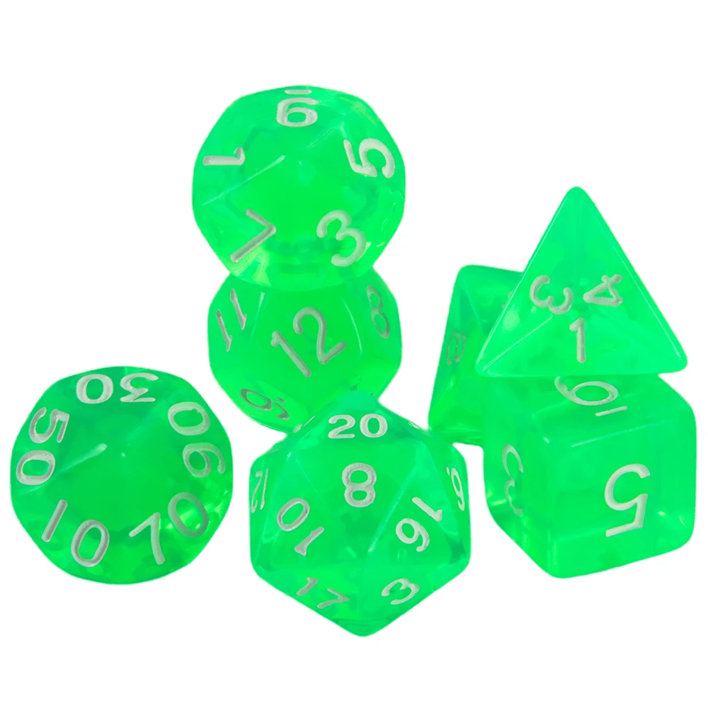 Color: light green - High Quality 7 Pcs/set Transparent Crystal Digital Polyhedral Dice Sets D4-D20 , for DNDGame Dados Rpg Board Game