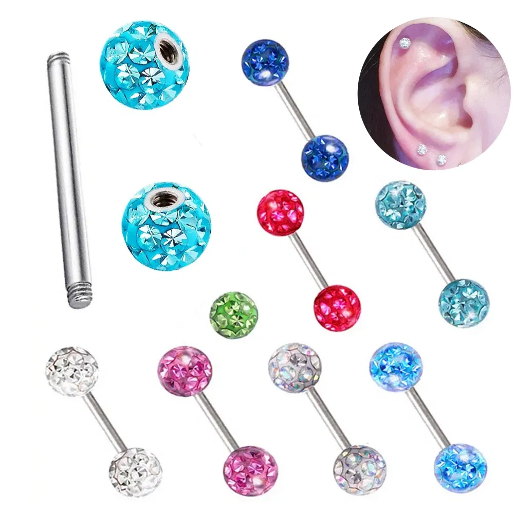Metal color: None, Main Stone Color: black - 16g 1.2mm Coated Crystal Steel Ear Stud Tragus Helix Cartilage 3/4/5mm CZ Ball 6/8/10/12/14mm Bar Barbell Piercing