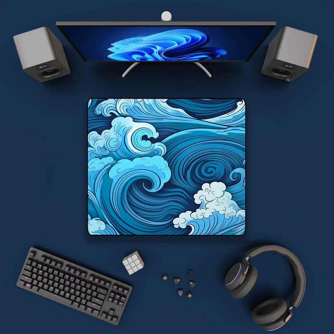 Color: Orange - Aesthetic Desk Mat Art Japanese Great Waves XXL Gaming Mouse Pad Blue Mousepad 900x400 Beautiful Nature Rubber Desk Pad Mat