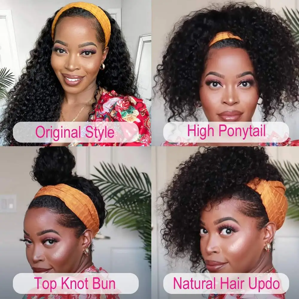 Hair Color: #130, Stretched Length: 20inches - Headband Wig Human Hair Kinky Curly MYLOCKME No Glue Full Machine Made Brazilian Remy Human Hair Wigs For Women 180% Density