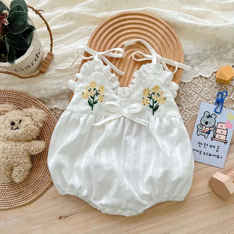 Color: Beige, Ships From: CN, Kid Size: 9M - 2025 Summer Charming Sleeveless Bow Tie Flower Embroidered Infant Newborn Girls One Piece Bodysuits Soft Baby Girl Lace Jumpsuit