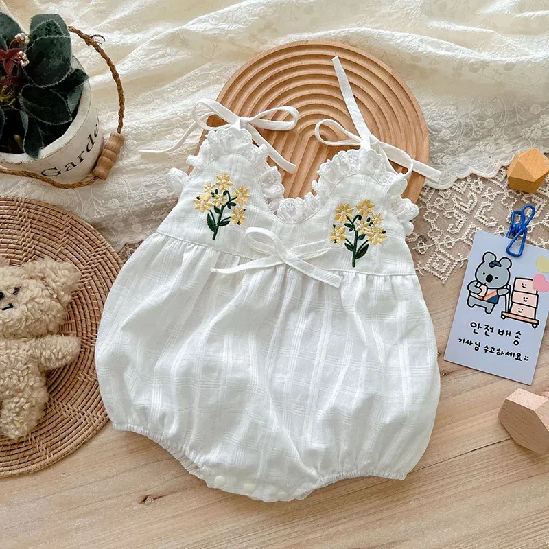 Color: Beige, Ships From: CN, Kid Size: 9M - 2025 Summer Charming Sleeveless Bow Tie Flower Embroidered Infant Newborn Girls One Piece Bodysuits Soft Baby Girl Lace Jumpsuit