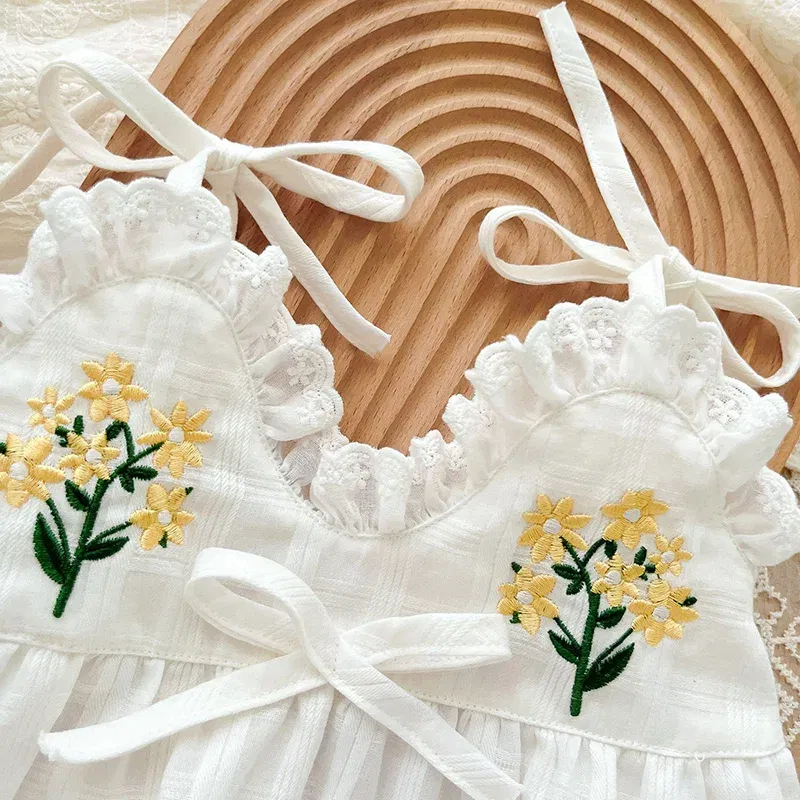 Color: Beige, Ships From: CN, Kid Size: 9M - 2025 Summer Charming Sleeveless Bow Tie Flower Embroidered Infant Newborn Girls One Piece Bodysuits Soft Baby Girl Lace Jumpsuit