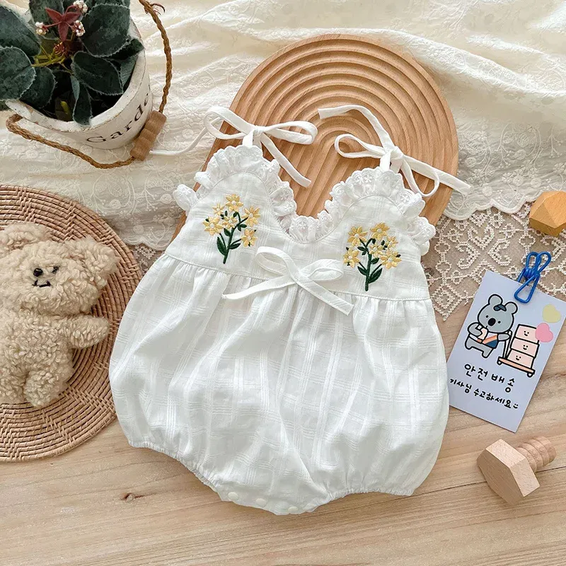 Color: Beige, Ships From: CN, Kid Size: 9M - 2025 Summer Charming Sleeveless Bow Tie Flower Embroidered Infant Newborn Girls One Piece Bodysuits Soft Baby Girl Lace Jumpsuit