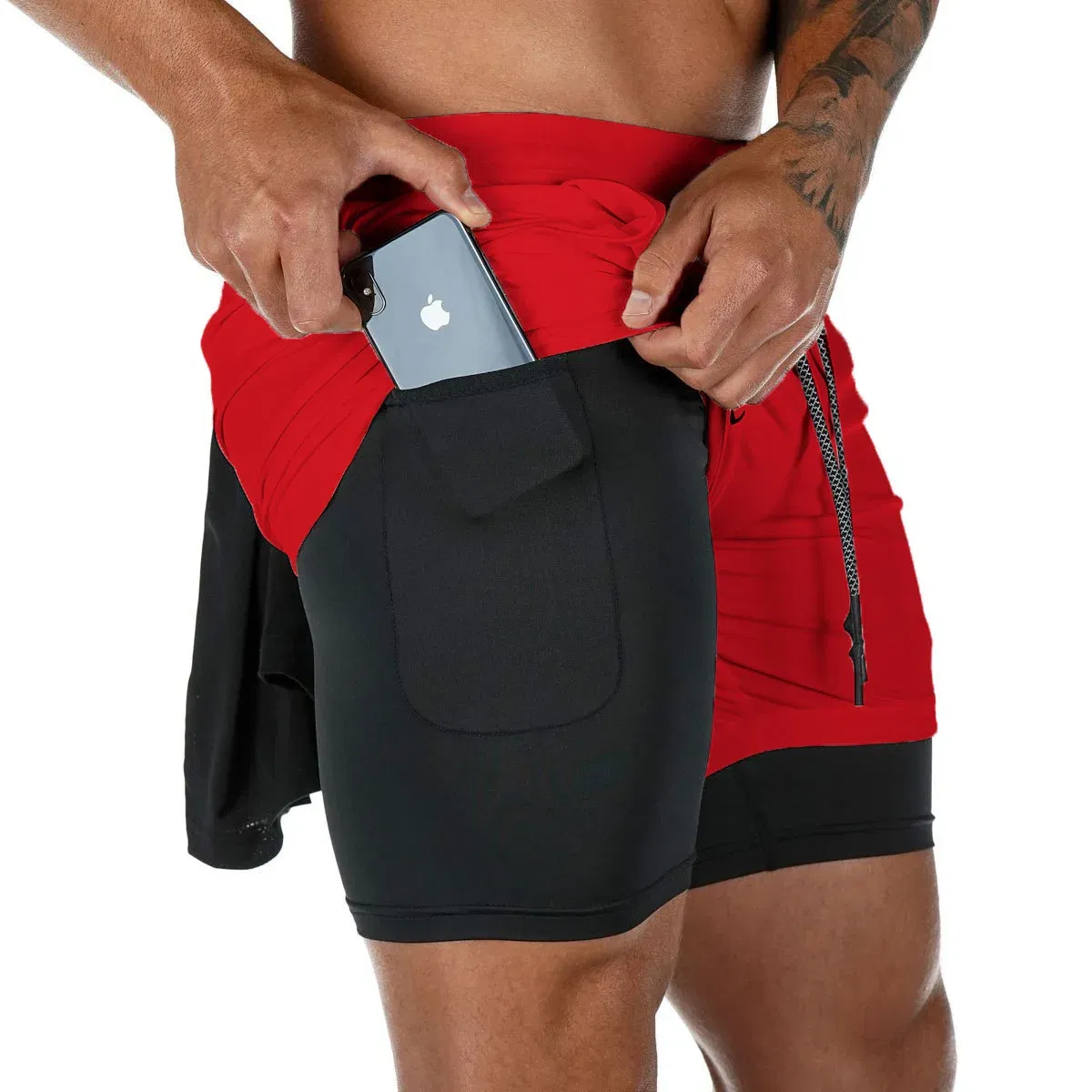 Color: Khaki, Size: L - Men's Double Layer Fitness Shorts Drawstring Mesh Lining Elastic Waist Breathable Quick Dry to Beach Pool Summer Male