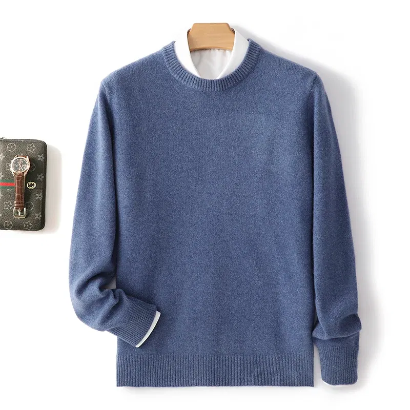 Color: Champagne, Size: M, Ships From: CHINA - Men's 100% Pure Wool Cashmere Sweater O-Neck Pullover Knit Sweater Autumn and Winter New Long Sleeve High-End Jumpers Thick Tops