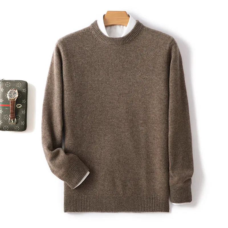 Color: Champagne, Size: M, Ships From: CHINA - Men's 100% Pure Wool Cashmere Sweater O-Neck Pullover Knit Sweater Autumn and Winter New Long Sleeve High-End Jumpers Thick Tops