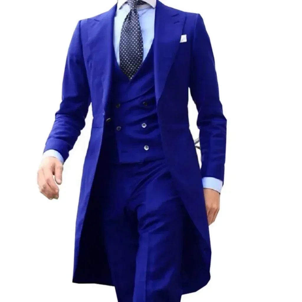 Color: ROYAL BLUE, Size: L - Elegant man suit Slim Fit Suit Luxury Formal Tuxedos Wedding 3 Pieces Blazer Vest Pants Set Long Tail Coat One Button Custom