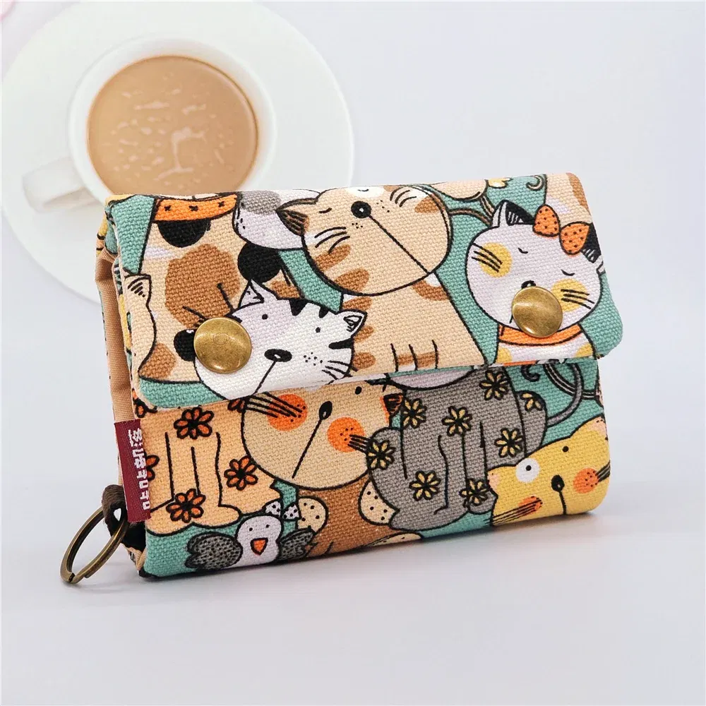 Color: Brown - Handmade Three Fold Fabric Wallet Women Men Simple Short Zipper Purses for Teens Personality Multi-function Key Bag Card Holder