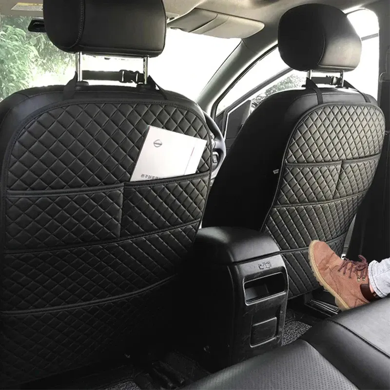 1Pc Universal PU Leather Car Anti Kicks Pad With Organizer Pocket Seat Back Protector Cover Back Car Storage Accessories