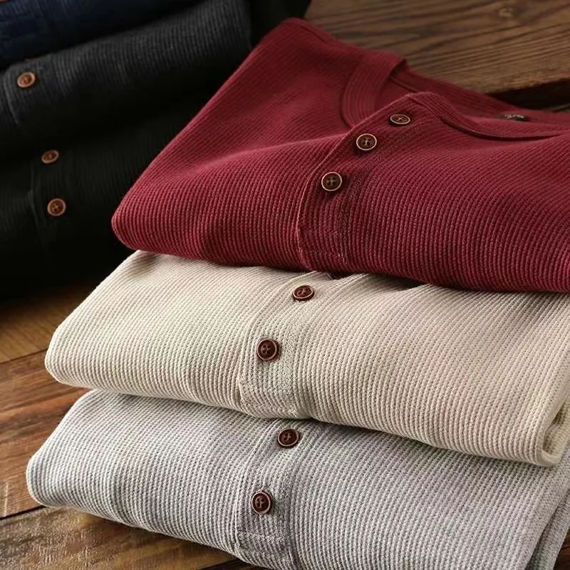 Color: black, Size: XL, Ships From: CHINA - Slim Fit Mens Basic Tee Casual Tshirts Henley Waffle Long Sleeve Shirts Thermal Solid Half Button Breathable 100% Cotton Shirts