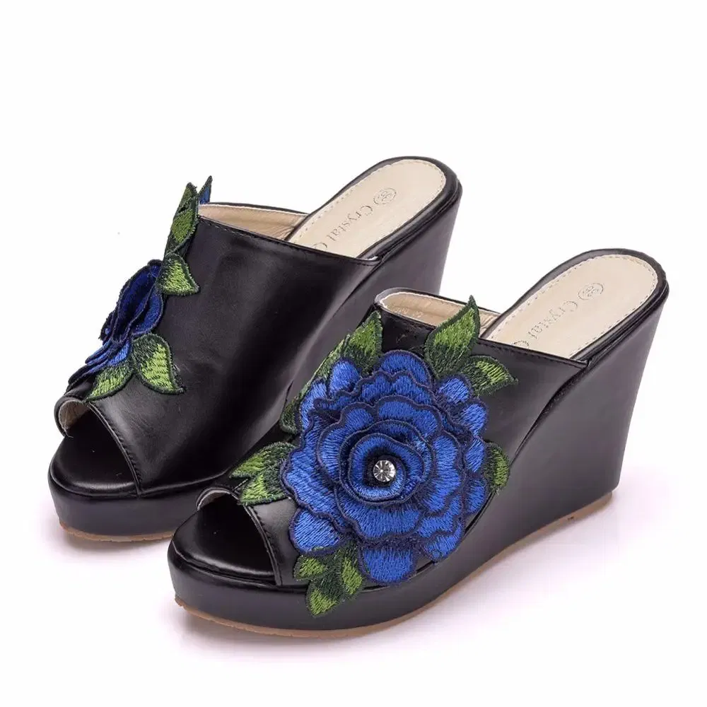 Color: black, Shoe Size: 38 - Crystal Queen Black White Peep Toe Platform Wedges High Heels Slippers Beach Sandals Women Lace Flower