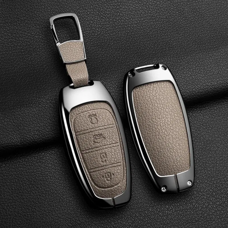 Color Name: GRAY - New Auto Alloy Car Key Case Cover Fob for Hyundai Solaris Sonata Hybrid NEXO NX4 New Grand Santa Fe Tucson 2020-2024 Accessories