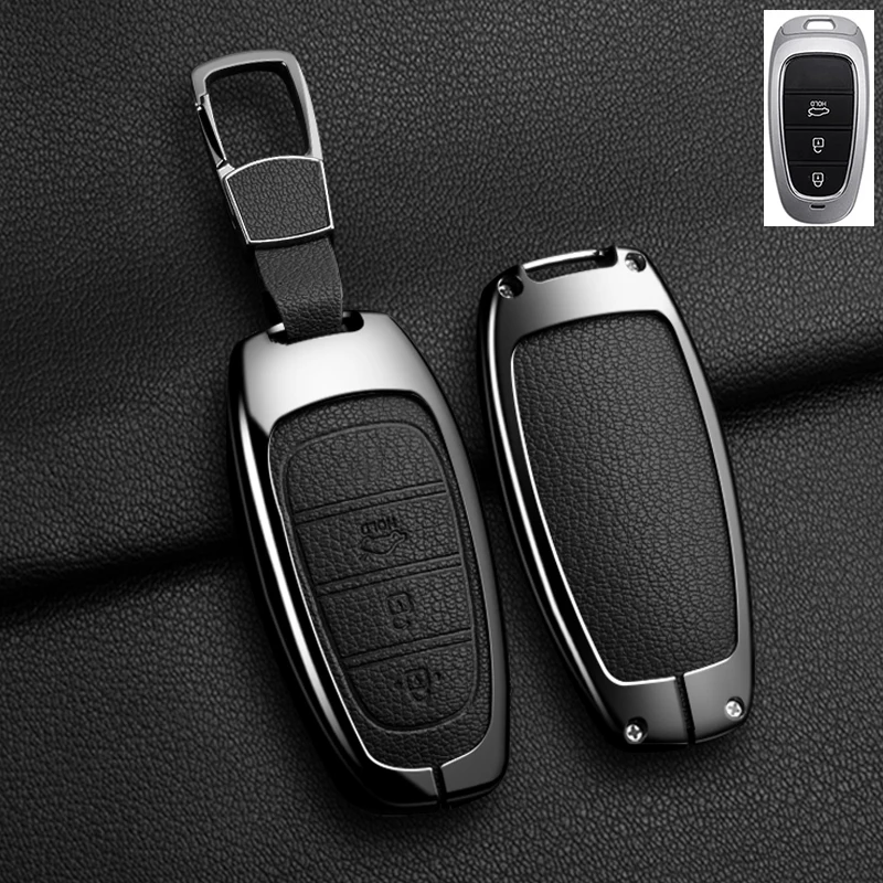 Color Name: GRAY - New Auto Alloy Car Key Case Cover Fob for Hyundai Solaris Sonata Hybrid NEXO NX4 New Grand Santa Fe Tucson 2020-2024 Accessories