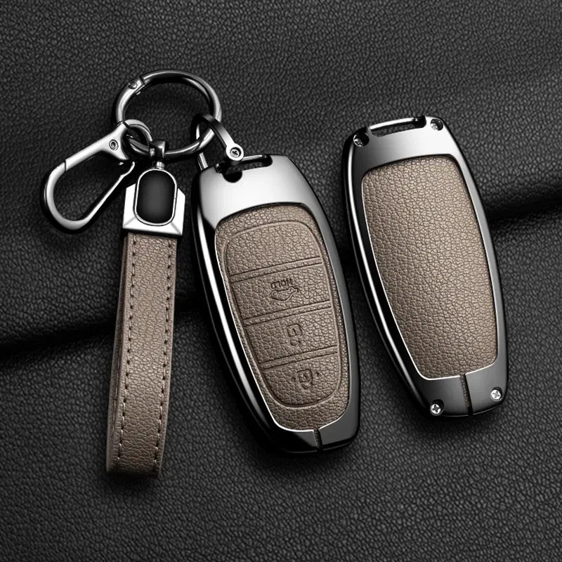 Color Name: GRAY - New Auto Alloy Car Key Case Cover Fob for Hyundai Solaris Sonata Hybrid NEXO NX4 New Grand Santa Fe Tucson 2020-2024 Accessories