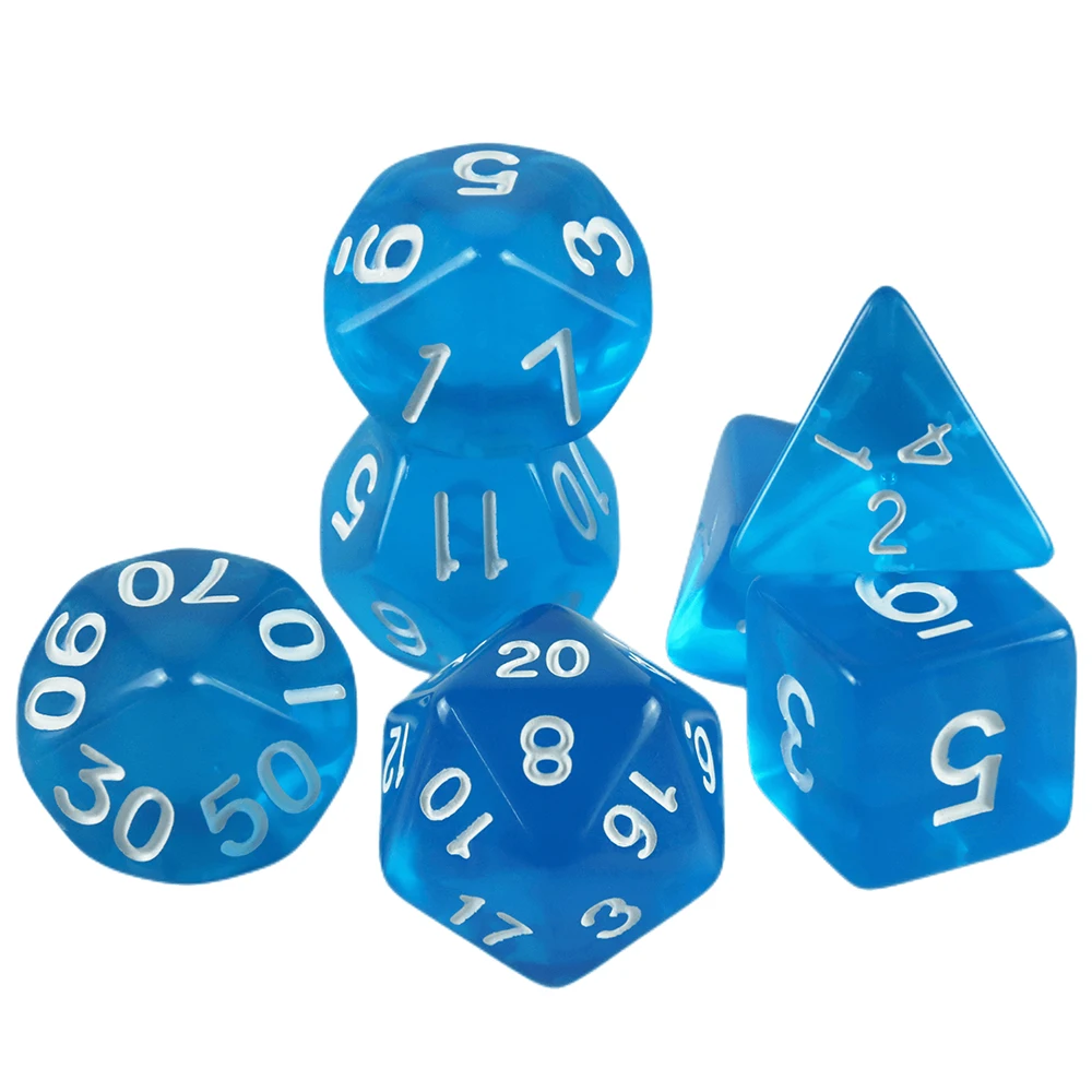 Color: Blue - High Quality 7 Pcs/set Transparent Crystal Digital Polyhedral Dice Sets D4-D20 , for DNDGame Dados Rpg Board Game