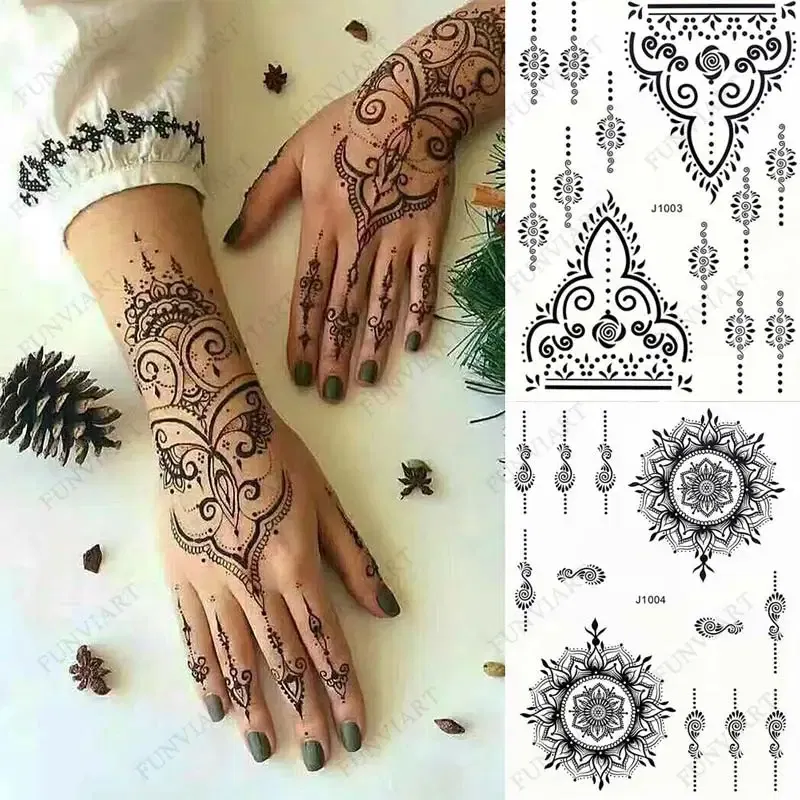 Color: Wood, Ships From: CHINA - Black Henna Temporary Tattoos for Women Lace Flower Mehndi Sticker for Hand Fake Henna Tattoo Sticker Body Art Hena Tatoo