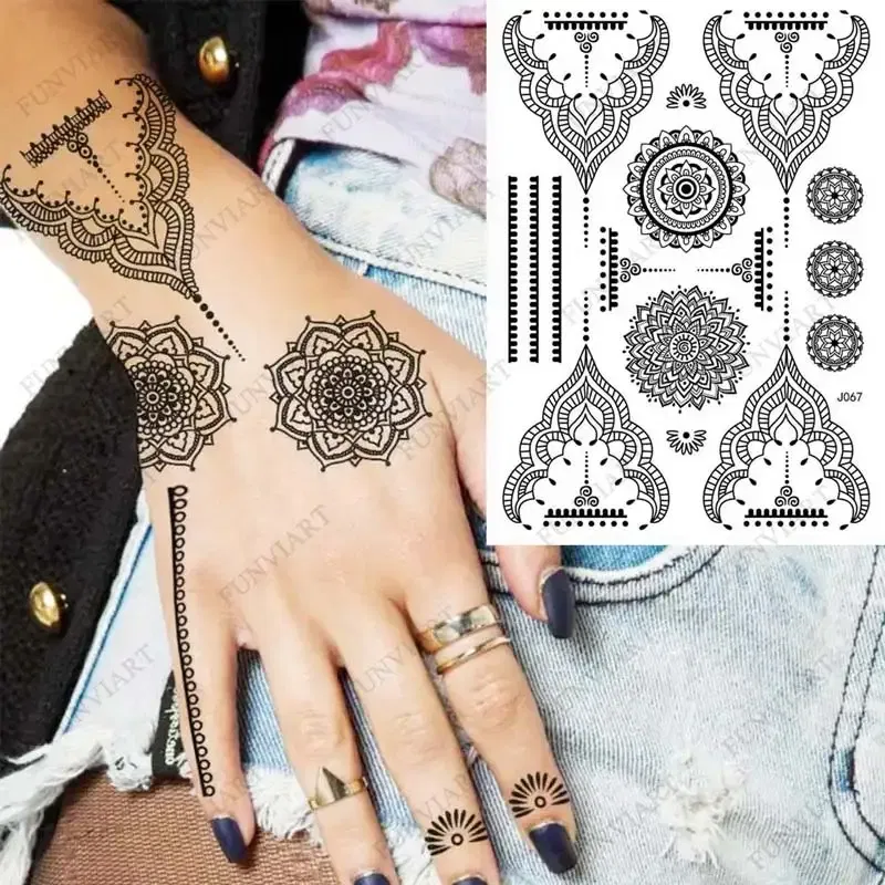Color: Wood, Ships From: CHINA - Black Henna Temporary Tattoos for Women Lace Flower Mehndi Sticker for Hand Fake Henna Tattoo Sticker Body Art Hena Tatoo