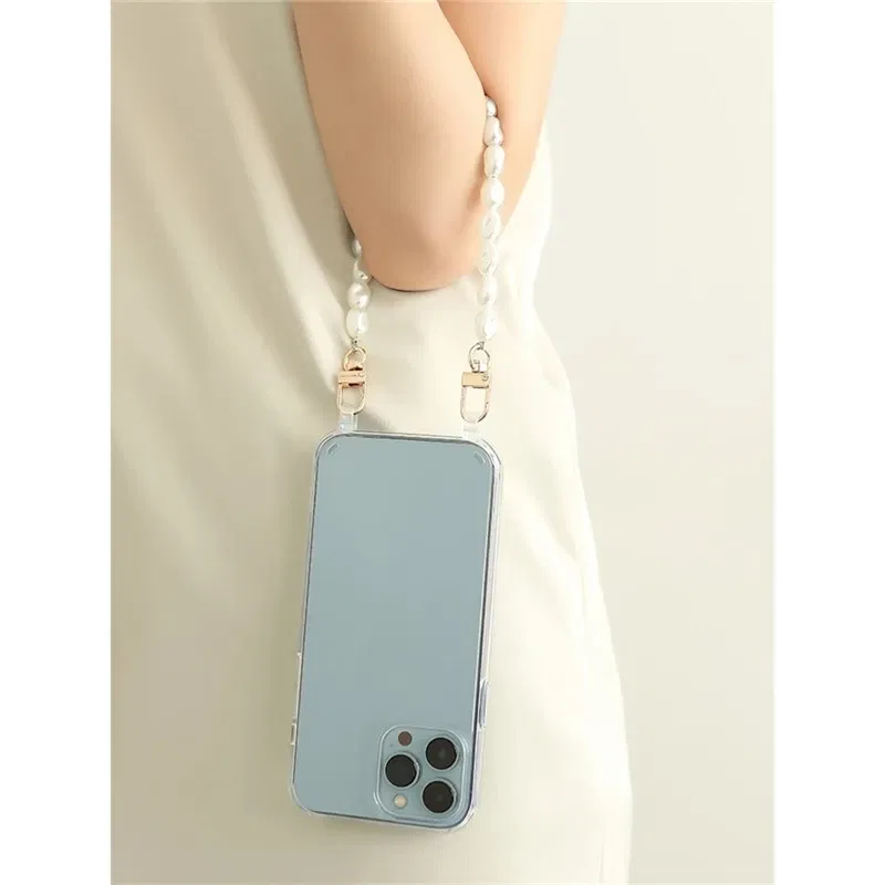 Color: Fluorescein, Bundle: Case & Strap, Material: ABS - Pearl Bracelet Wrist Chain Phone Case For iPhone 13 12 11 14 15 Pro Max XR X XS Mini 7 8 Plus SE Transparent Hard Acrylic Cover