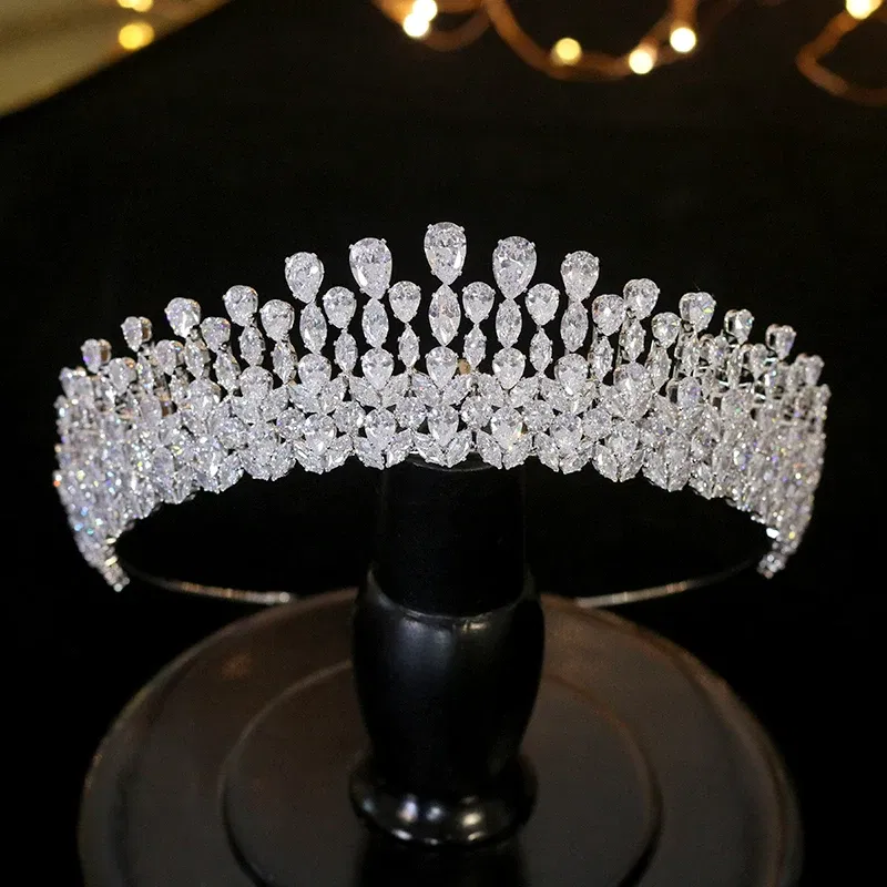 Metal color: Platinum Plated - New Bride Tiara Crystal Headdress Wedding Hair Accessories Full Zircon Crowns Headband Wedding Jewelry Crowns For Women