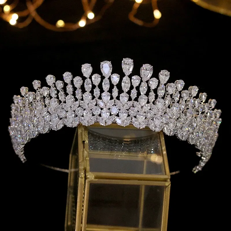 Metal color: Platinum Plated - New Bride Tiara Crystal Headdress Wedding Hair Accessories Full Zircon Crowns Headband Wedding Jewelry Crowns For Women