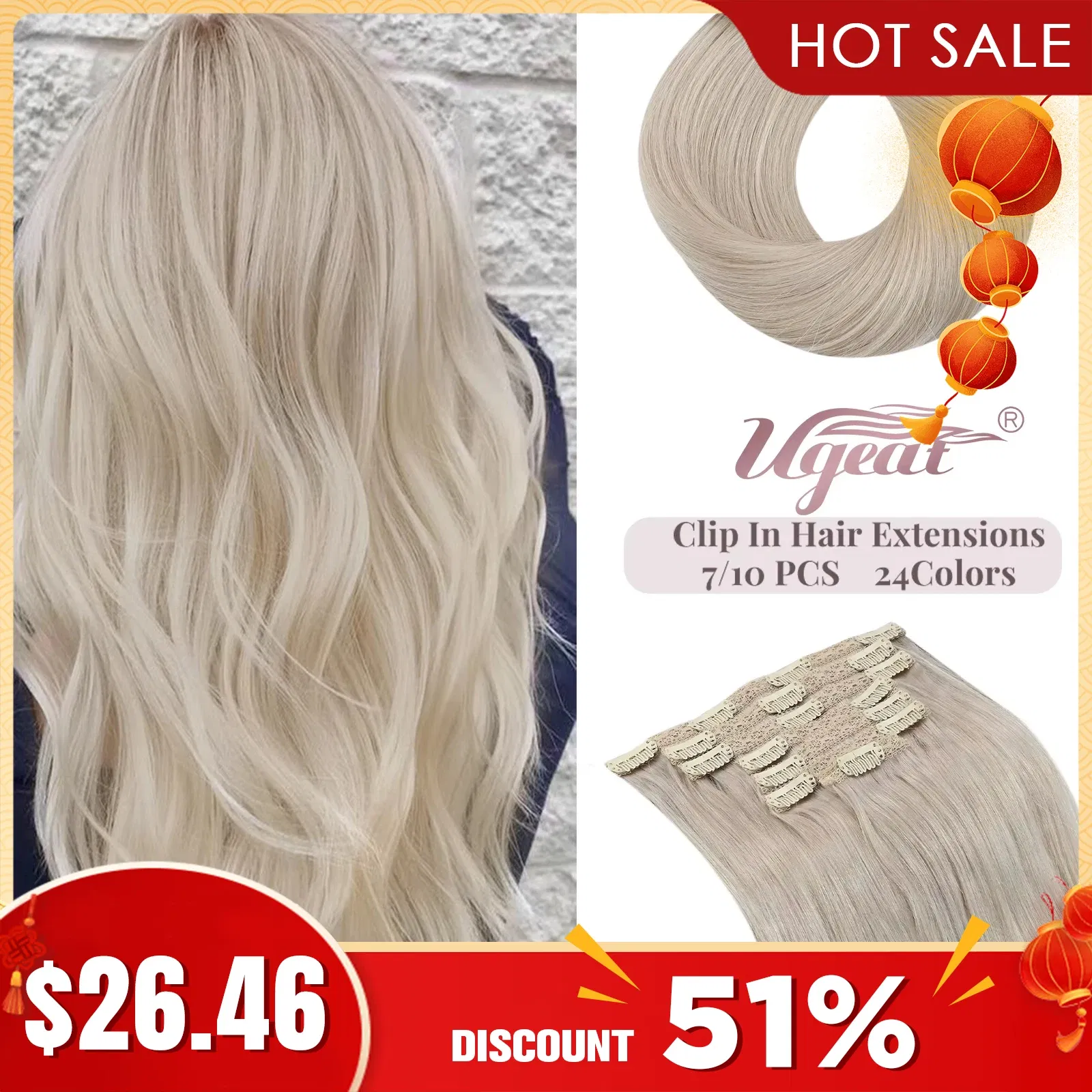 Color: Purple, Length: 24 Inches, Weight Per Package: 120g/Set - [16 Colors] Ugeat Clip in Hair Extensions Human Hair 14-22" Double Weft Remy Hair Full Head Clip in Extensions for Woman 7Pcs