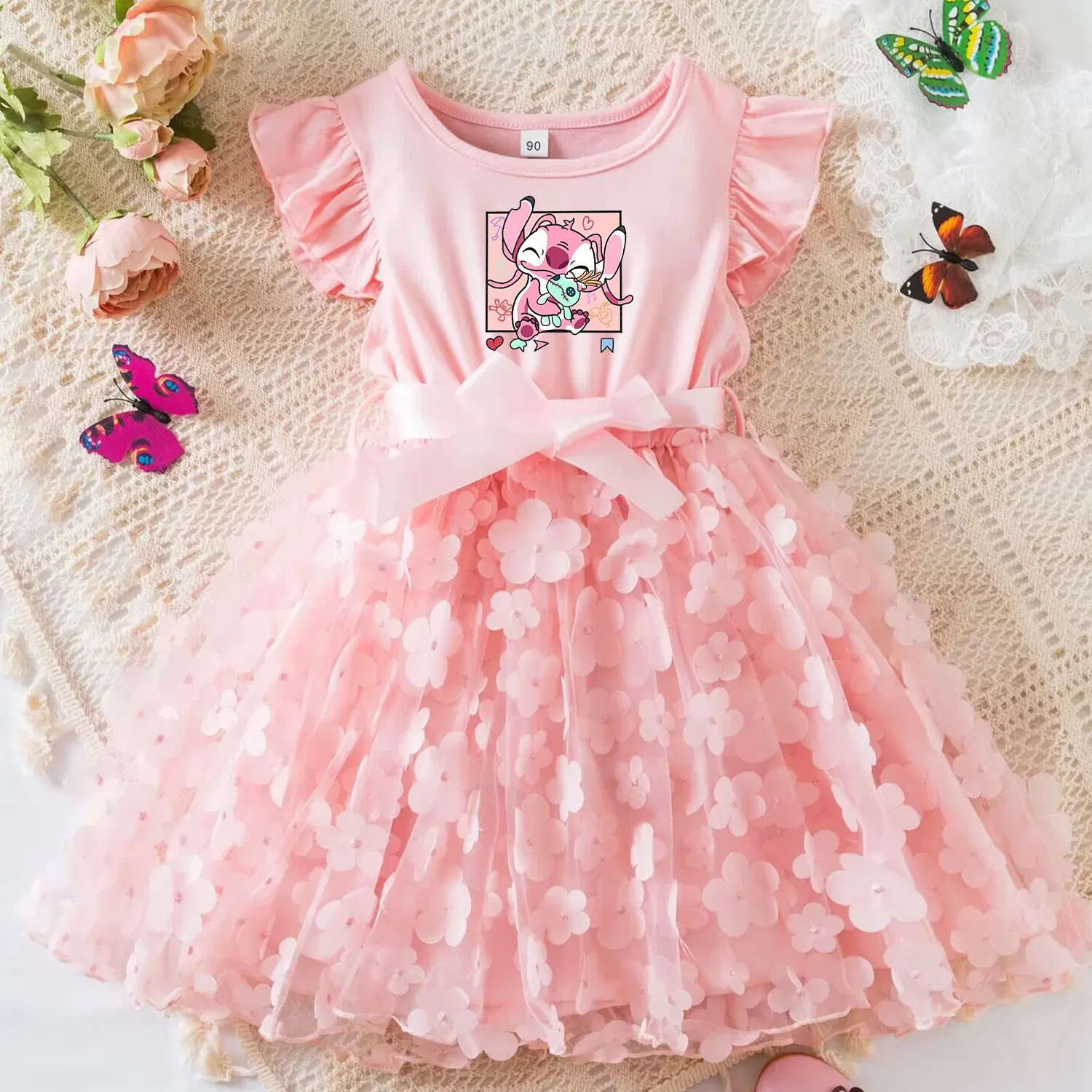 Color: Beige, Size: XL - 3D Butterfly Cute Lilo Stitch Summer Dress for Kid's Casual Clothes Baby Girls Beautiful Princess Dress Party Dresses 2-6 Yrs