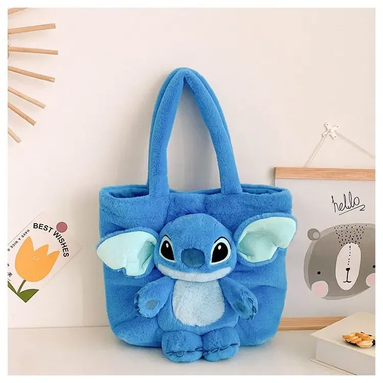 Color: SKY BLUE, Size: Extra Large - Disney 2024 New Cartoon Plush Doll Shoulder Bag Sweet and Cute Stitch Strawberry Bear Soft Cute Girls Handbag