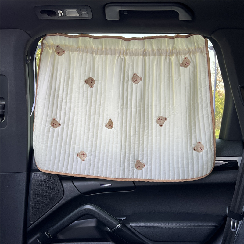 Color Name: Red - Cute Cartoon Embroidered Thickened Cotton Baby Car Window Sunshade Cover UV Protection Suction Cup Installed Sliding Curtain