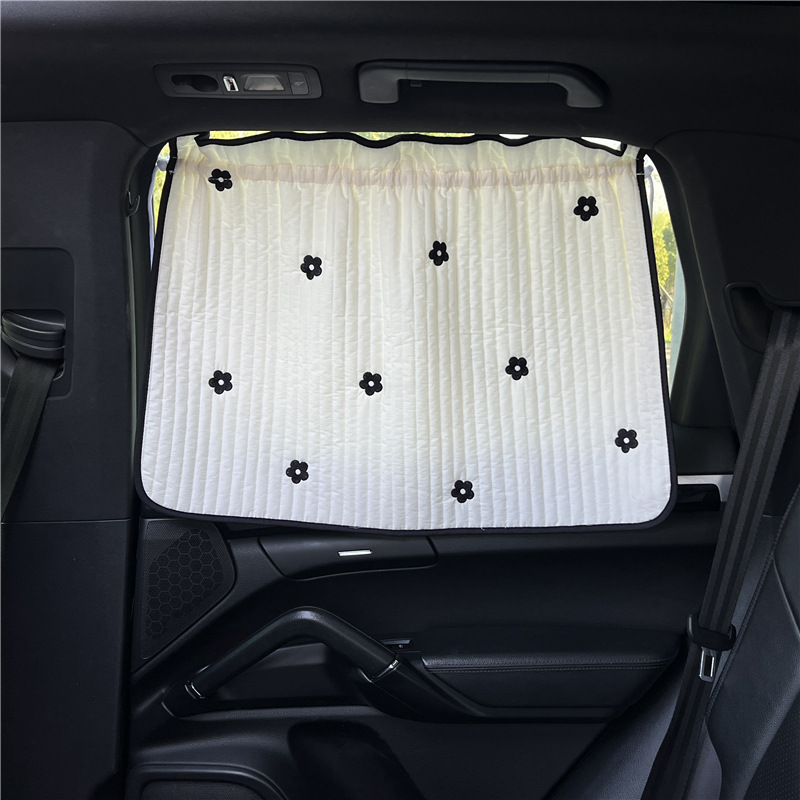 Color Name: Red - Cute Cartoon Embroidered Thickened Cotton Baby Car Window Sunshade Cover UV Protection Suction Cup Installed Sliding Curtain