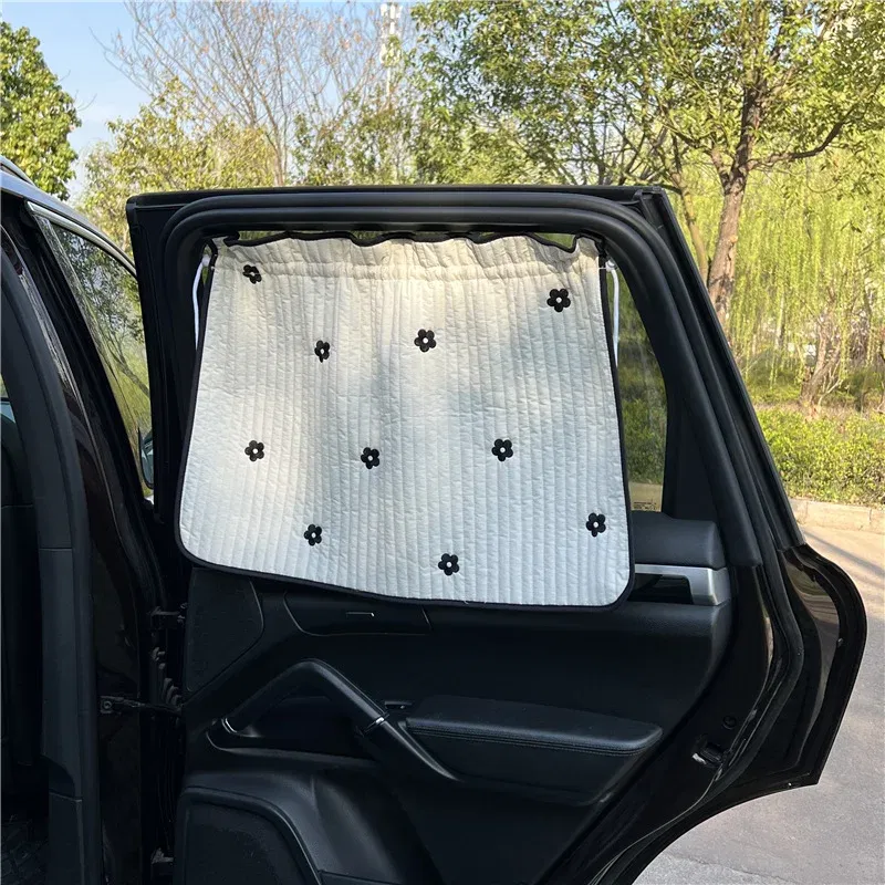 Color Name: Red - Cute Cartoon Embroidered Thickened Cotton Baby Car Window Sunshade Cover UV Protection Suction Cup Installed Sliding Curtain