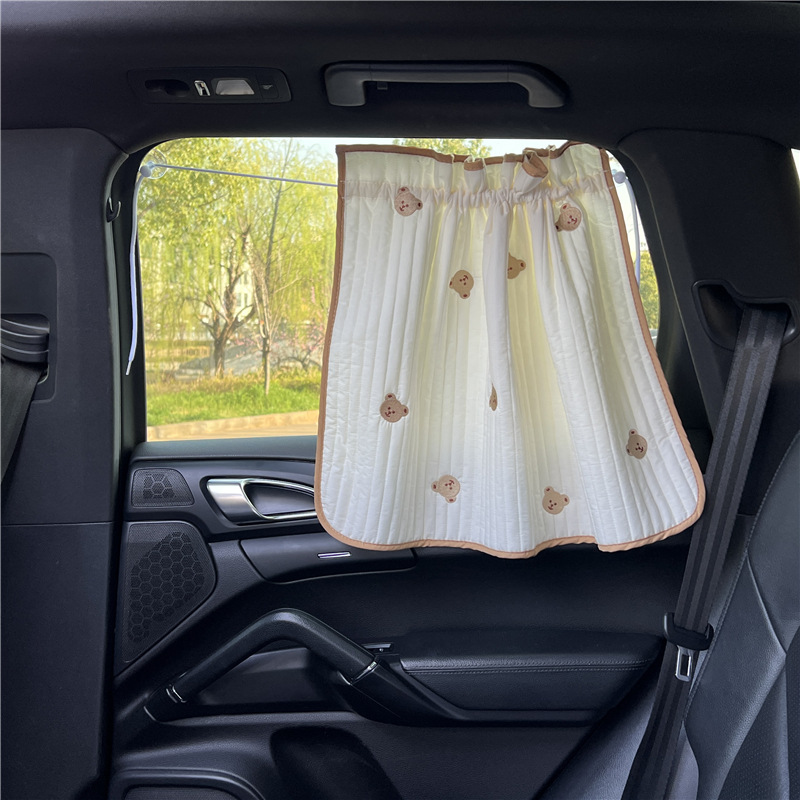 Color Name: Red - Cute Cartoon Embroidered Thickened Cotton Baby Car Window Sunshade Cover UV Protection Suction Cup Installed Sliding Curtain