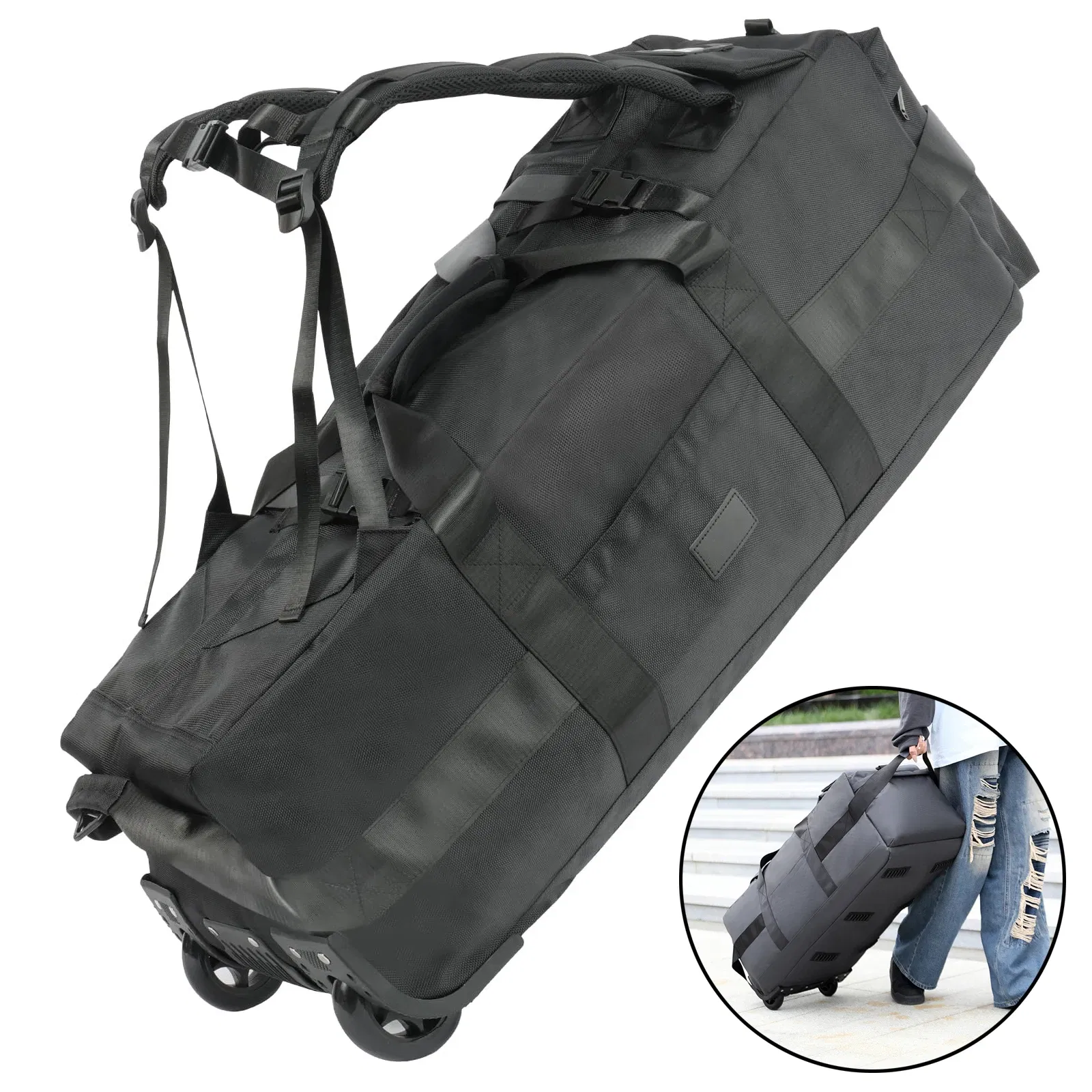 Color: black - 80L Rolling Duffle Bag with Wheels 31" Heavy-Duty Foldable Travel Duffel Bag Water-Resistant Wheeled Luggage with Shoulder Strap