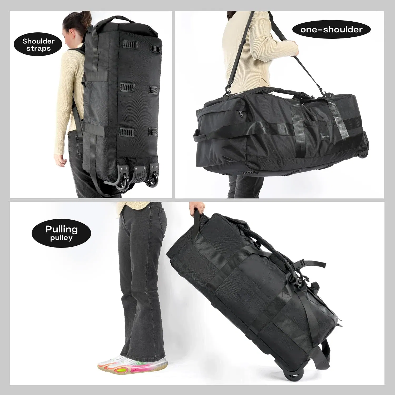 Color: black - 80L Rolling Duffle Bag with Wheels 31" Heavy-Duty Foldable Travel Duffel Bag Water-Resistant Wheeled Luggage with Shoulder Strap