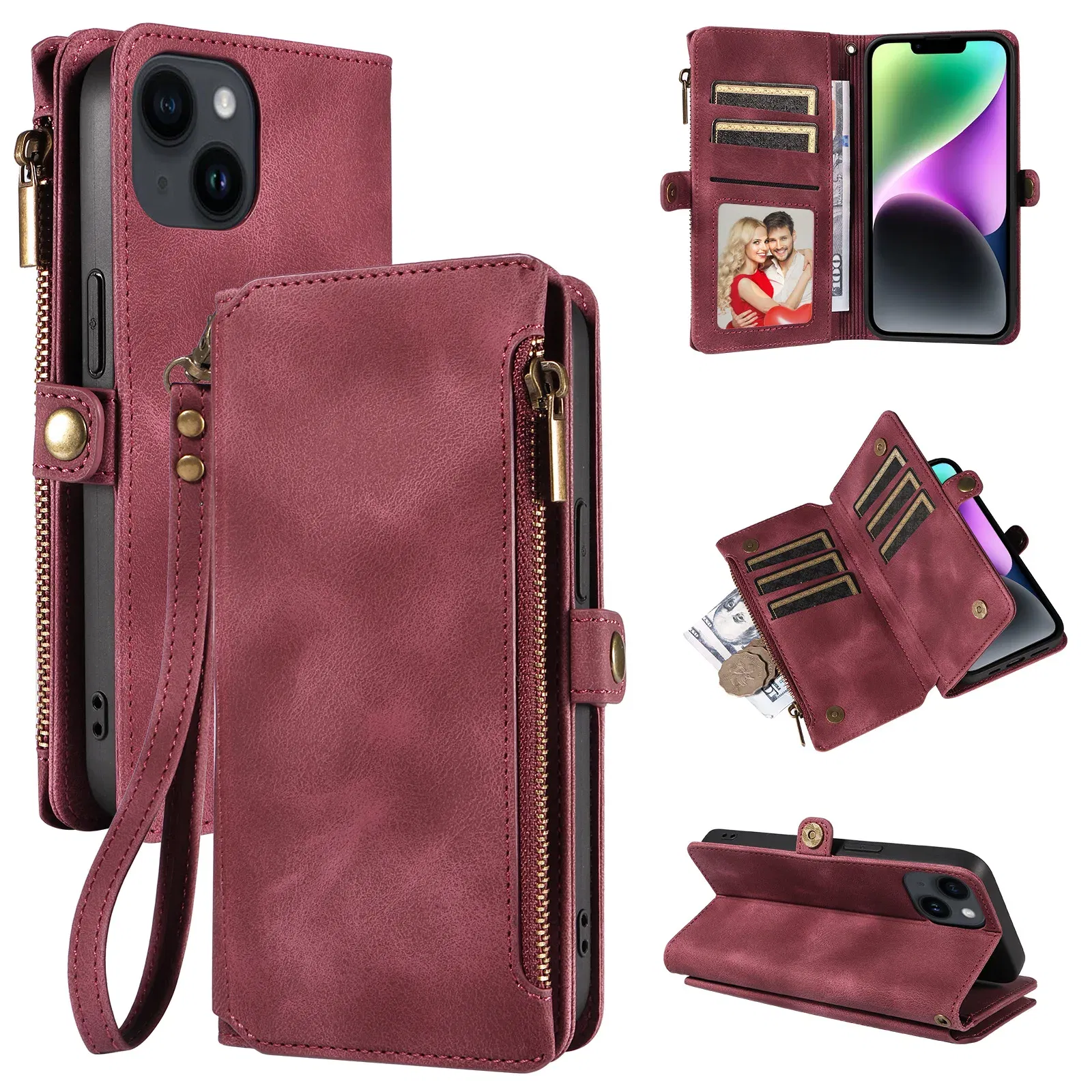 Color: Brown, Material: Cotton Fabric - Zipper Multi 9 Cards Wallet Case for OPPO Reno 12 10 8 7 6 5 Pro 11F 11A 8T 6Z 5Z Retro Leather Lanyard Wrist Strap Phone Cover