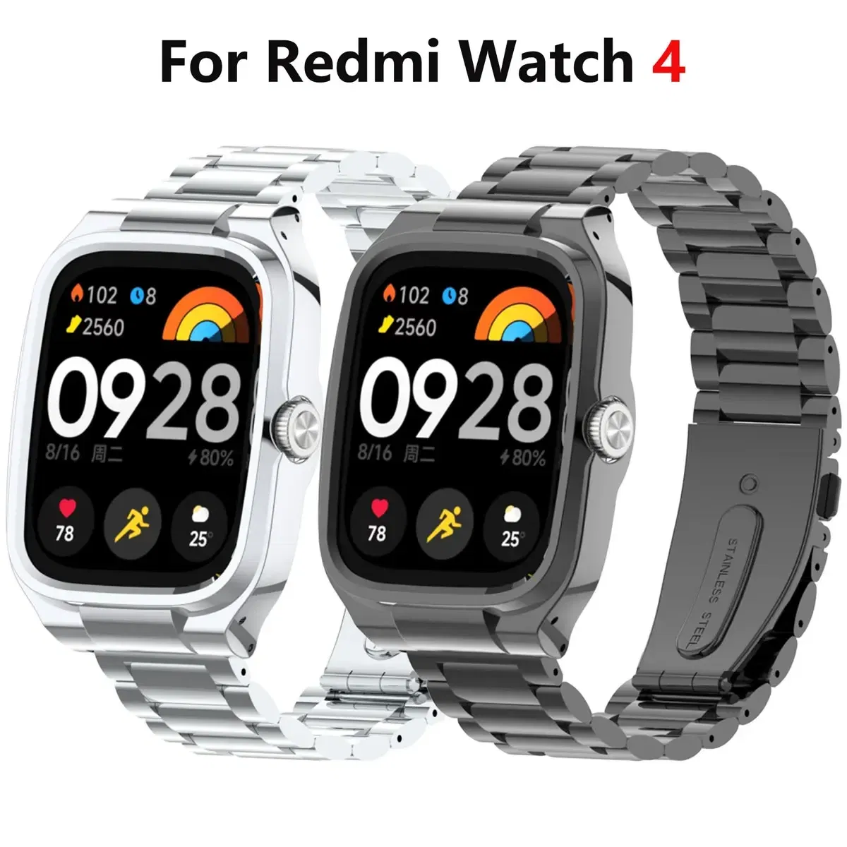 Band Color: Gold, Band Width: 15mm - Suitable for Redmi Watch 4 solid stainless steel three-ball strap, metal protection case strap Redmi Watch 4 replacement strap