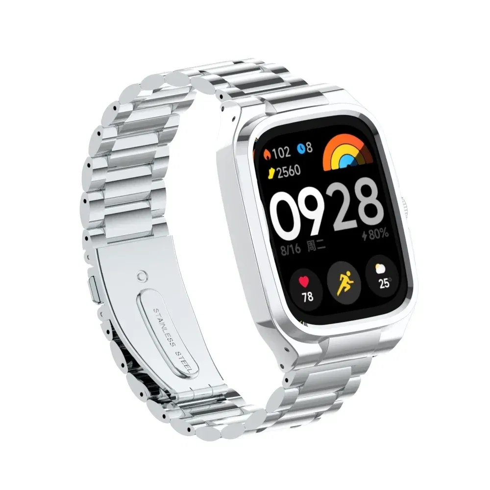 Band Color: Gold, Band Width: 15mm - Suitable for Redmi Watch 4 solid stainless steel three-ball strap, metal protection case strap Redmi Watch 4 replacement strap