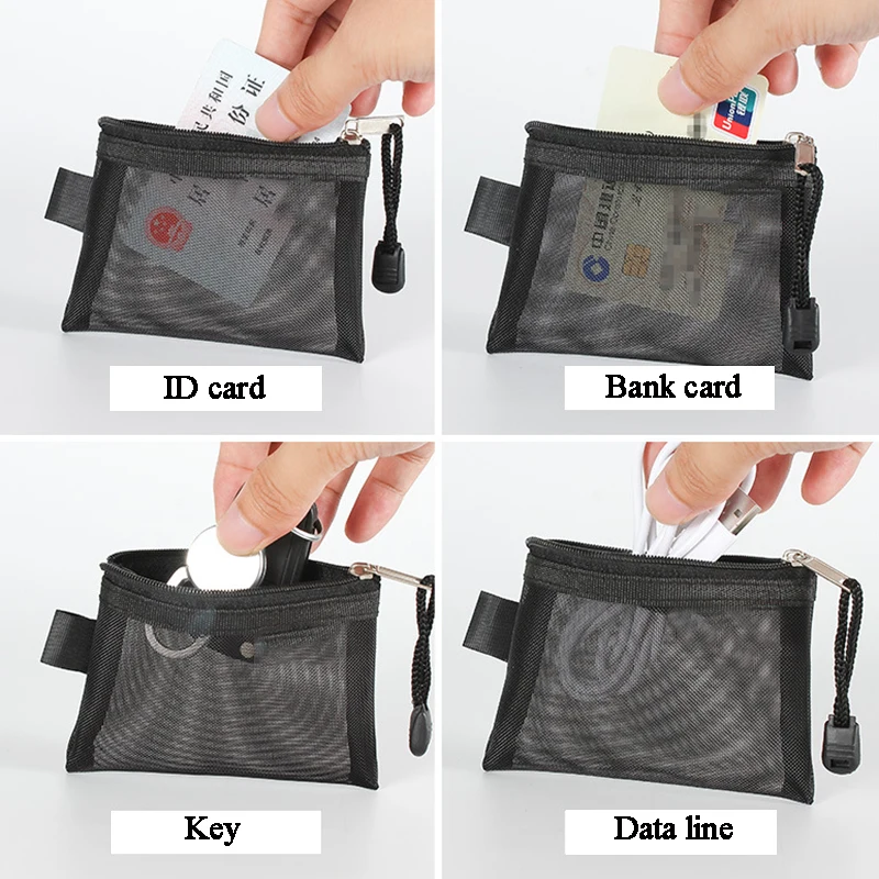 Color: Pink - Mini Transparent Nylon Mesh Coin Bags Credit ID Card Organizer Portable Coin Purse Lipstick Earphone Data Line Key Storage Bag