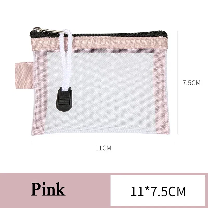 Color: Pink - Mini Transparent Nylon Mesh Coin Bags Credit ID Card Organizer Portable Coin Purse Lipstick Earphone Data Line Key Storage Bag
