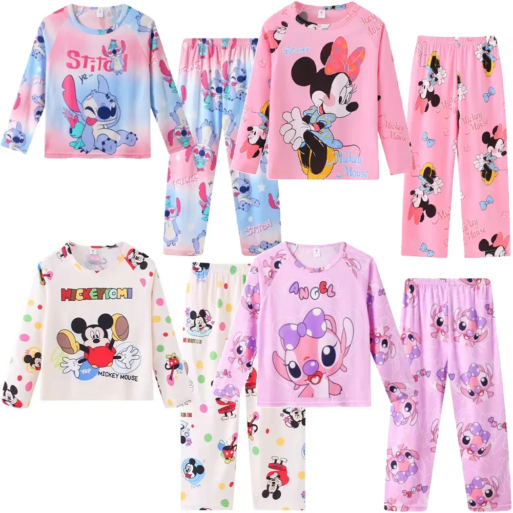 Color: Rose Red, Kid Size: 8T - 2pcs/set New Disney Stitch Children Pyjamas for Boys and Girls Sets Kid Minnie Home Wear Travel Casual Sleepwear Suit Cute Gift
