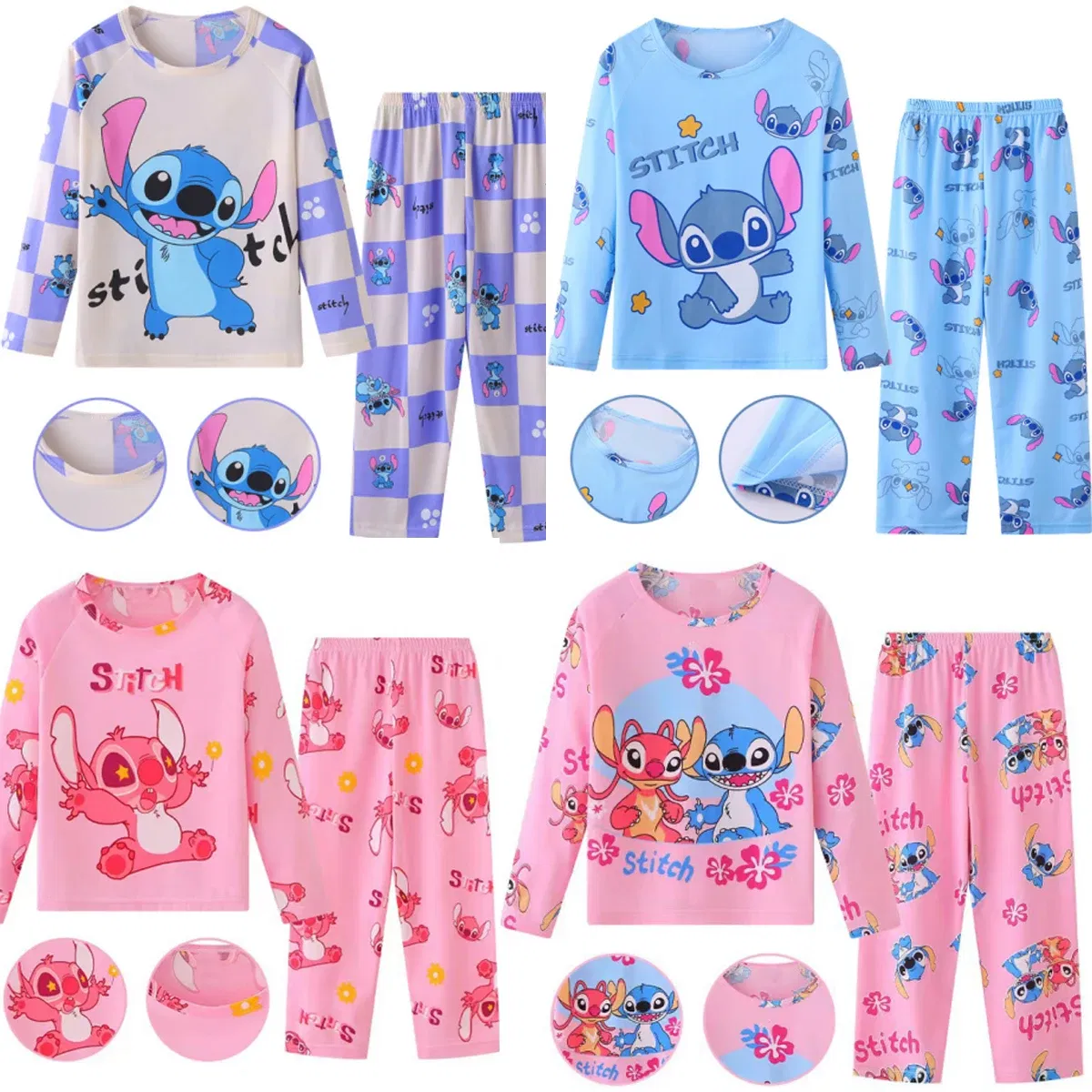 Color: Rose Red, Kid Size: 8T - 2pcs/set New Disney Stitch Children Pyjamas for Boys and Girls Sets Kid Minnie Home Wear Travel Casual Sleepwear Suit Cute Gift