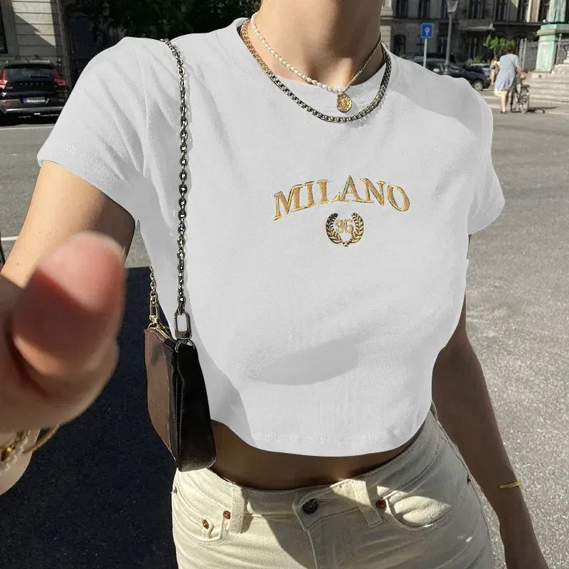 Size: L, Color: Green - Women's T-shirt Clothese Short Sleeve Black Crop Top Harajuku Letter Embroidery T Shirt Female Summer Sexy O-Neck Cropped Tops