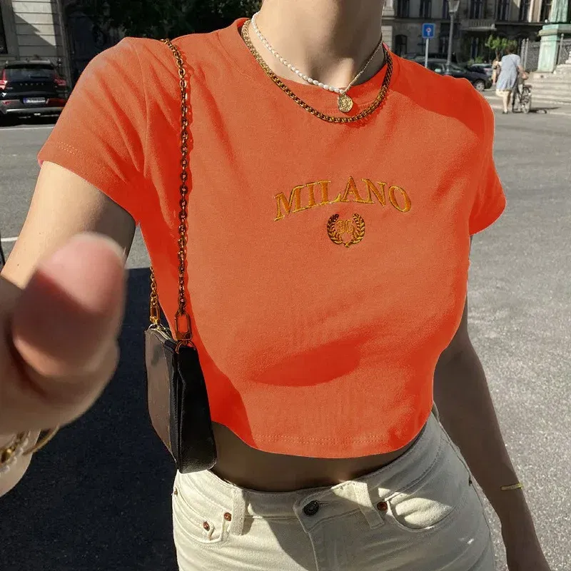 Size: L, Color: Green - Women's T-shirt Clothese Short Sleeve Black Crop Top Harajuku Letter Embroidery T Shirt Female Summer Sexy O-Neck Cropped Tops
