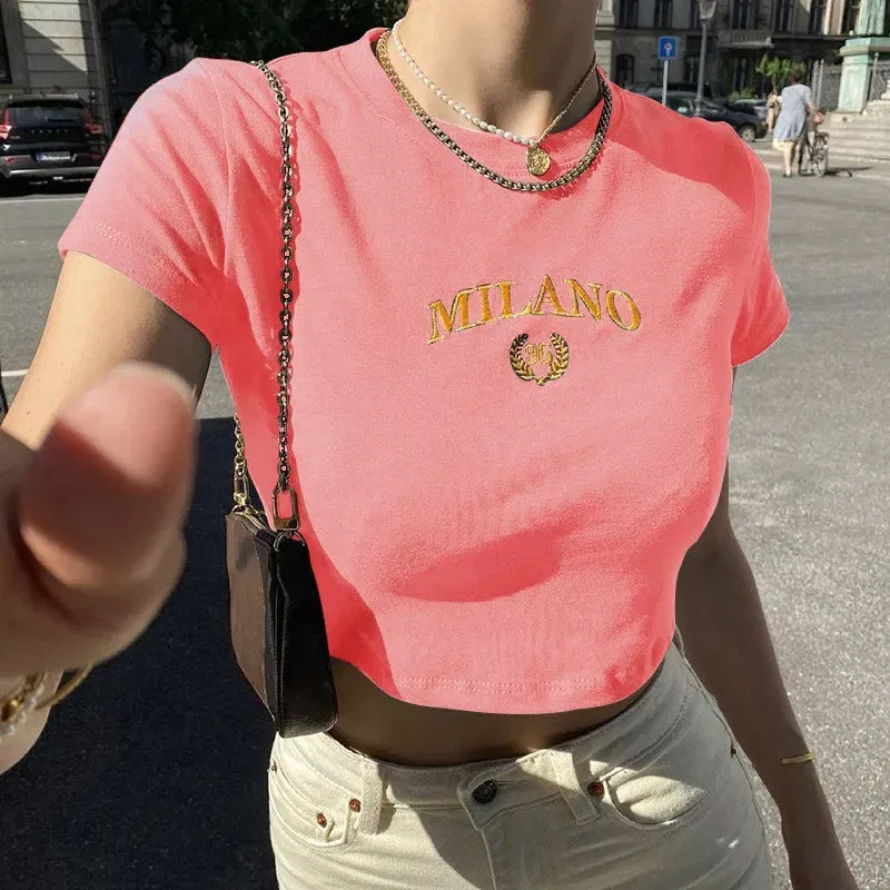 Size: L, Color: Green - Women's T-shirt Clothese Short Sleeve Black Crop Top Harajuku Letter Embroidery T Shirt Female Summer Sexy O-Neck Cropped Tops
