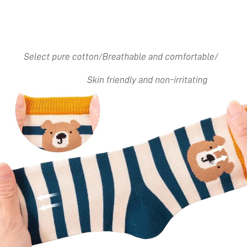 Color: Beige, Size: 4-6T - 5 Pairs Children's Socks Autumn Calf Cotton Socks Kids Boys Cartoon Bear Socks Spring Autumn Sock