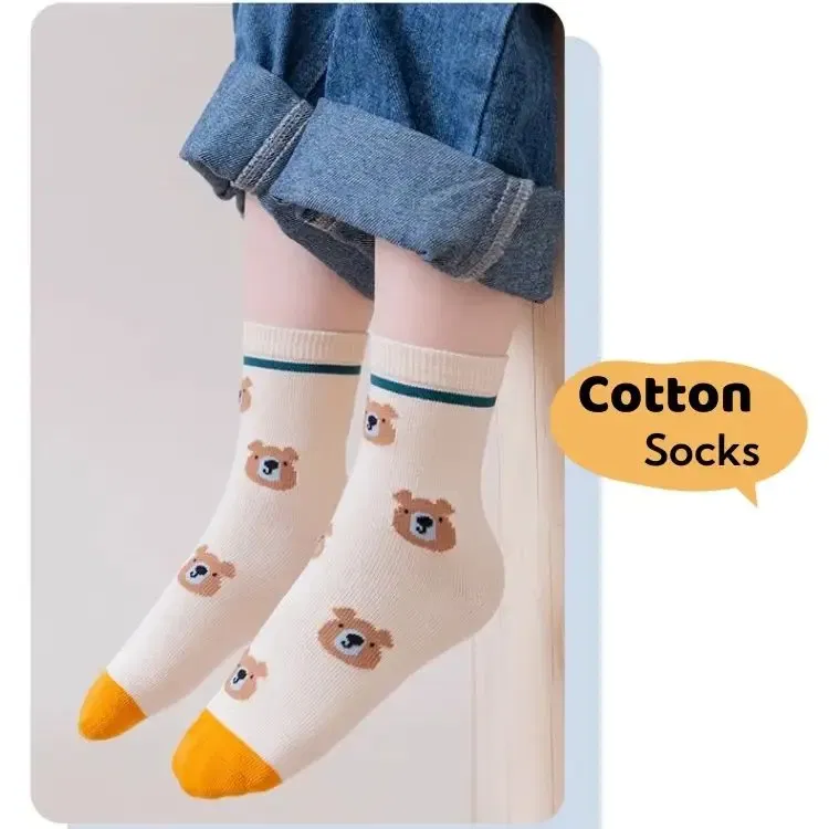Color: Beige, Size: 4-6T - 5 Pairs Children's Socks Autumn Calf Cotton Socks Kids Boys Cartoon Bear Socks Spring Autumn Sock